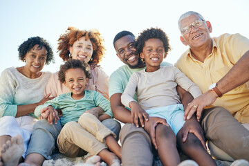 Fototapeta premium Parents, beach and portrait of children with grandparents enjoy holiday, summer vacation and weekend. Black family, happy and mom, dad and kids excited for quality time, relax and bonding on sand