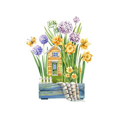Watercolor illustration of a small yellow house in daffodil flowers and spring herbs. Spring, garden illustration in shabby chic style.