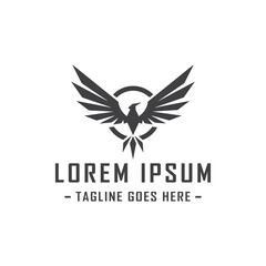 A unique and modern logo design featuring a flying raven with its wings spread wide. The logo is perfect for businesses in the entertainment or sports industry, representing power, strength, and agili