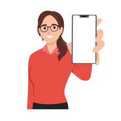 Cheerful beautiful young woman raised her hand to show blank screen in mobile phone while standing. Flat vector illustration isolated on white background