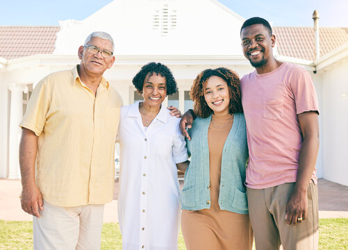 Portrait Of Happy Family With Property, New House Or Holiday Together With Senior People, Mother And Father. Excited Biracial People Hug Outdoor For Real Estate, Vacation House And Retirement Love