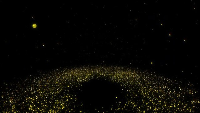 golden circle floor particles explosion and dust abstract background. Futuristic glittering fly motion flickering loop in space on black background