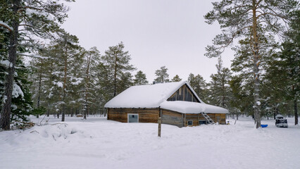 Western Siberia, Khanty people's camp: a hut in the forest.