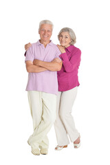 happy senior couple on white background