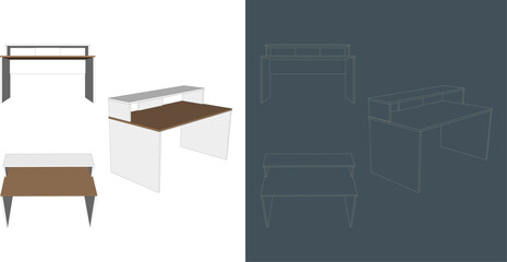 Vector wood desk office table solid minimalist with different positions - transparent background