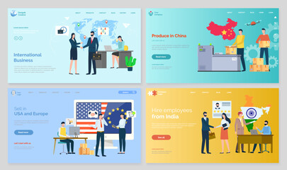 International business vector, businessman with partner from other country. India employees, map with location pointers USA and Europe set. Website or webpage template, landing page flat style