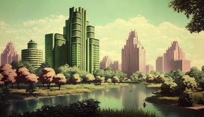 a soft artistic 1950s cityscape