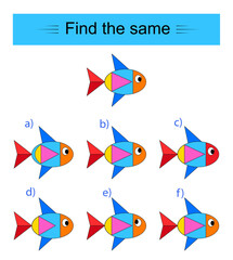 Educational game for kids. Need to find same fish. Visual intelligence. Vector illustration