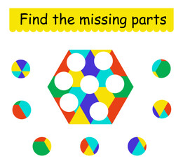 Mind game. Task for the development of logic for children. Find the missing pieces. Vector illustration