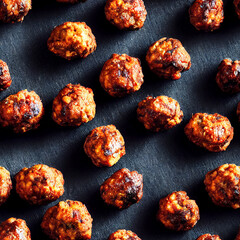 Fryed meatballs on black slate background - seamless food pattern.