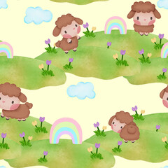 Cute sheep watercolor seamless pattern for print paper background textile fabric