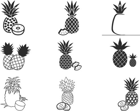 Pineapple icon, fruit icon set black vector black vector
