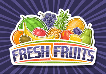 Vector logo for Fresh Fruits, decorative cut paper sign board with illustration of group sweet fruits, white label with unique brush lettering for text fresh fruits on blue rays of light background