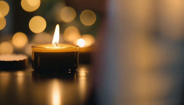 Close up candle burning on dark blurred background. Decorative element. Mourning symbol. Horizontal banner. AI generative image.
