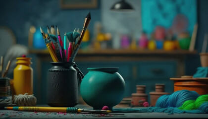 Close up paintbrushes on blurred indoor artistic studio background. Art tools. AI generative image.