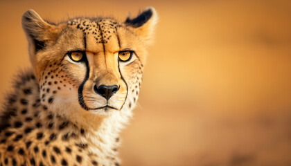 Obraz premium Beautiful cheetah portrait. Wild big cat. Wildlife and nature illustration. Outdoor background with copy space. AI generative image.