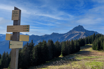 Hiking signpost with the french mountains, Alps
