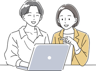 笑顔でノートパソコンを操作する女性2人