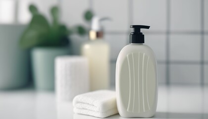 Fototapeta na wymiar Illustration of liquid soap dispenser bottle in the cozy bathroom interior. Indoor background. AI generative image.