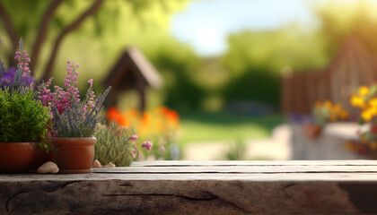 Illustration of cozy decorative garden with flowers and green vegetation outdoor background banner with copy space. AI generative image.