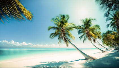 Beautiful sunny landscape with ocean sandy coast and palm trees. Calm water and blue sky. Outdoor background. AI generative image.
