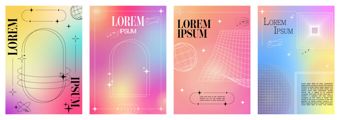 Modern blurred gradient posters in trendy 90s, 00s psychedelic style with geometric shapes. Y2K aesthetic. Poster template for social media posts, digital marketing, sales promotion.
