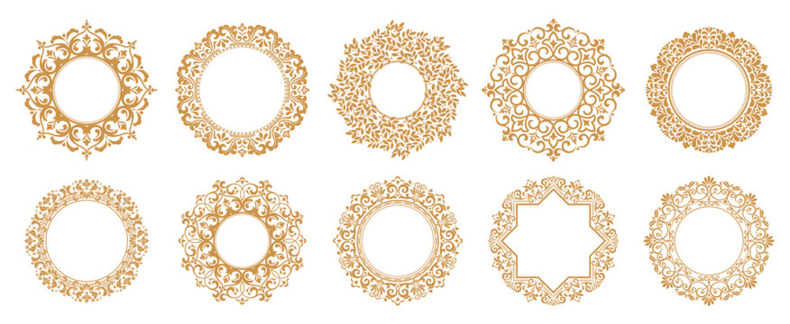 Set of decorative frames Elegant vector element for design in Eastern style, place for text. Floral gold and white borders. Lace illustration for invitations and greeting cards
