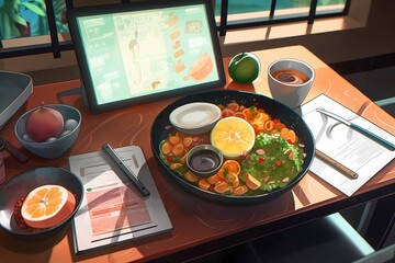 A digital painting of a nutritious meal plan while in the cozy gym room. Generative AI