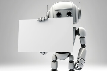 Cute robot with white clean empty sign with copy space. AI generative image.