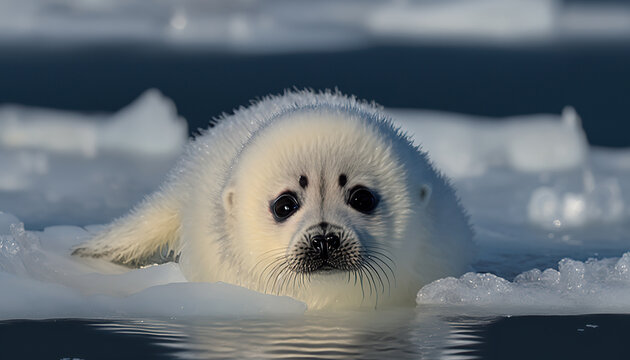 Cute little harp seal pup on ice near by water. Marine mammal animal. Wild nature protection. AI generative image.