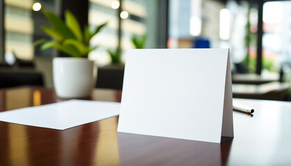 Close up office desk with empty clean white paper card mockup with copy space and green domestic plant. Indoor background. AI generative image.