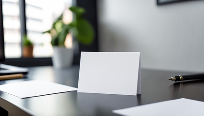 Close up office desk with empty clean white paper card mockup with copy space and green domestic plant. Indoor background. AI generative image.