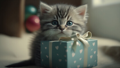 Adorable and cute little kitten with gift box and silk bow. Indoor background. Festive horizontal greeting card. AI generative image.