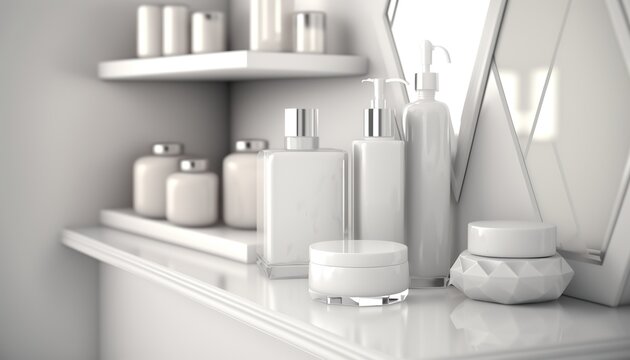 Bathroom shelf with body care cosmetics package mockup. White and pastel pale colors. AI generative image.