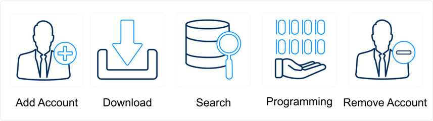 A set of 5 mix icons as add account, download, search