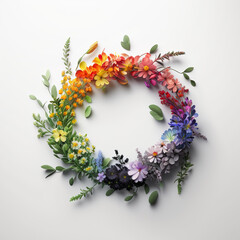 Beautiful spring wreath made of different multicolored wild flowers on white background. Round floral frame. AI generative image.