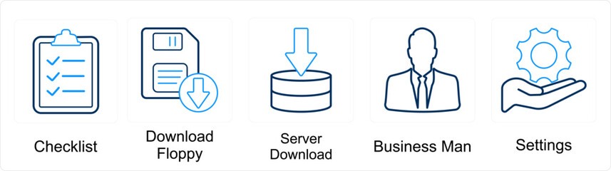 A set of 5 mix icons as checklist, download floppy, server download