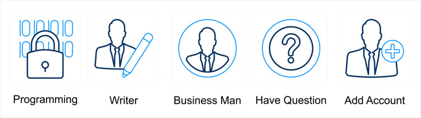 A set of 5 mix icons as programming, writer, businessman
