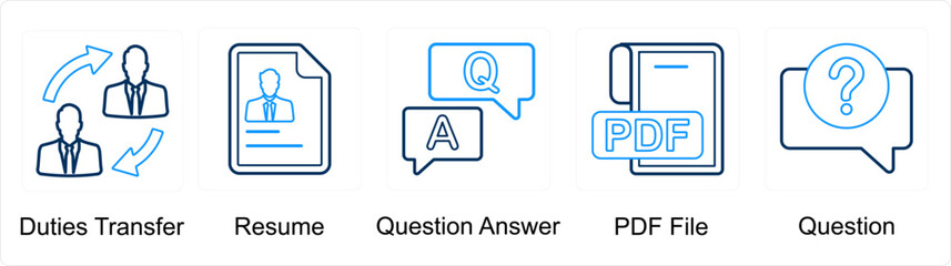 A set of 5 mix icons as duties transfer, resume, question answer