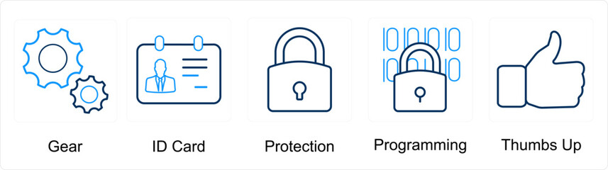 A set of 5 mix icons as gear, id card, protection