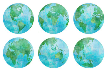 地球の水彩画イラストパーツ/アジア/ヨーロッパ/アフリカ/オセオニア/北アメリカ/南アメリカ（ラテンアメリカ）