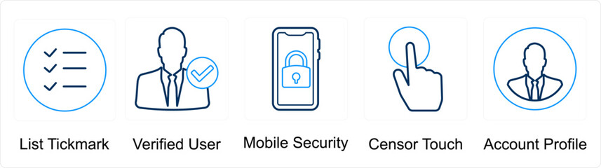 A set of 5 mix icons as list tickmark, verified user, mobile security