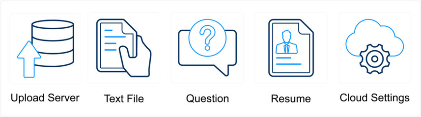 A set of 5 mix icons as upload server, text file, question