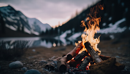 Close up campfire with bright flame. Stunning scenery mountains landscape. Outdoor background. AI generative image.
