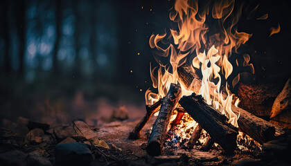Close up campfire with bright flame. Outdoor background. AI generative image.