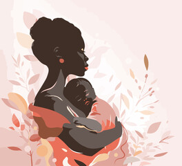 Tender illustration african american woman with a baby in her arms. Postcard for Mother's Day. Postpartum happy period. The concept of motherhood and health