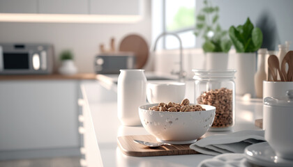 Fototapeta na wymiar Comfortable spacious modern kitchen. White colors. Breakfast time sunlight indoor background. Cozy interior. AI generative image.