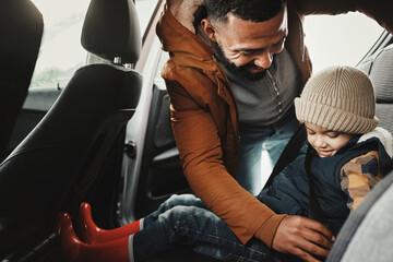 Father, help or child with seat belt for safety traveling on vacation, road trip or holiday in car...