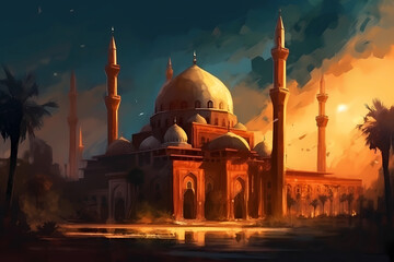 painting of a mosque illuminated by the sun. digital art illustration. generative AI.