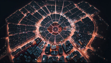 Aerial view on big city at night. Long exposure car trails. AI generative image.